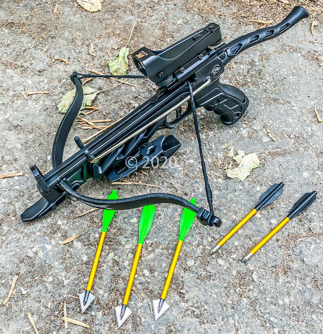 80lbs Self Cocking Pistol Crossbow Arrows Hunting Scope 3 Broadhead Arrows Package 225+FPS Green