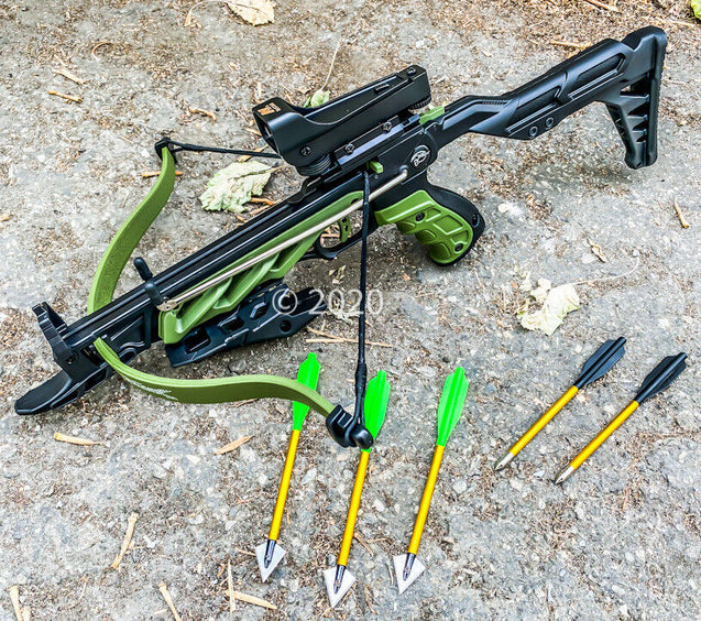 80lbs Hunting 3 BroadHeads Arrows Red Dot Scope Self Cocking Pistol Crossbow 225+ FPS All Black